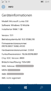 Lumia 550 Systeminformationen