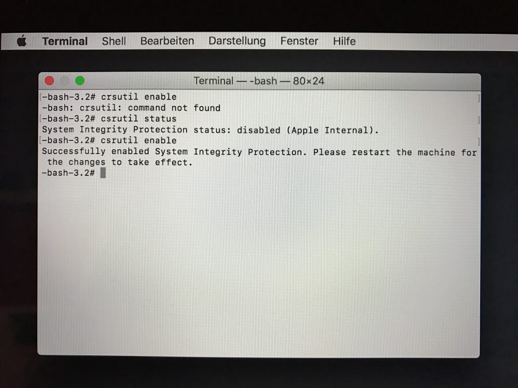 Macbook Pro 2016: System Integrity Protection überprüfen csrutil aktivieren