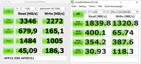 Links: Macbook Pro SSD, rechts: PM981 NVMe Samsung im XPS