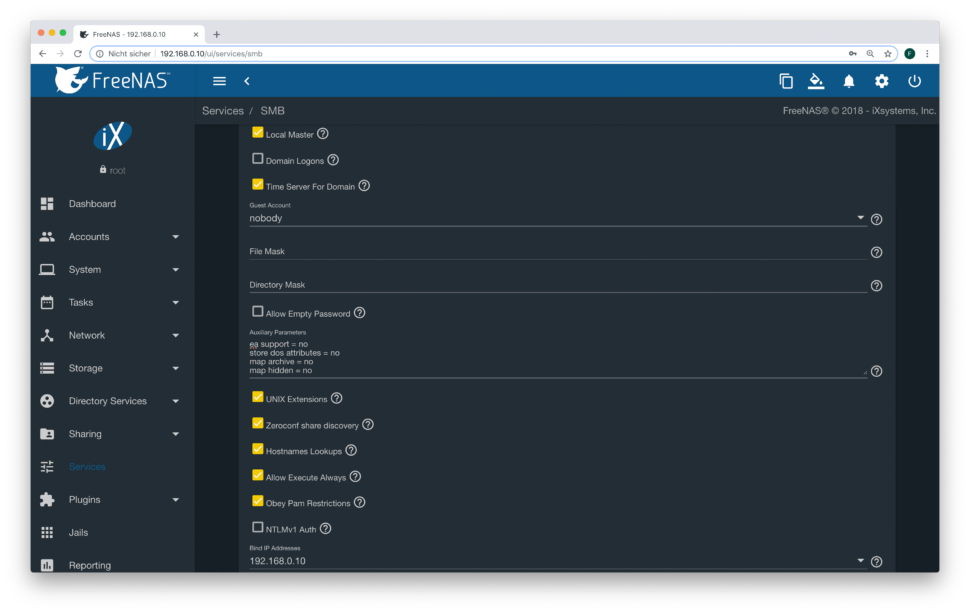 paramètres smb de freenas