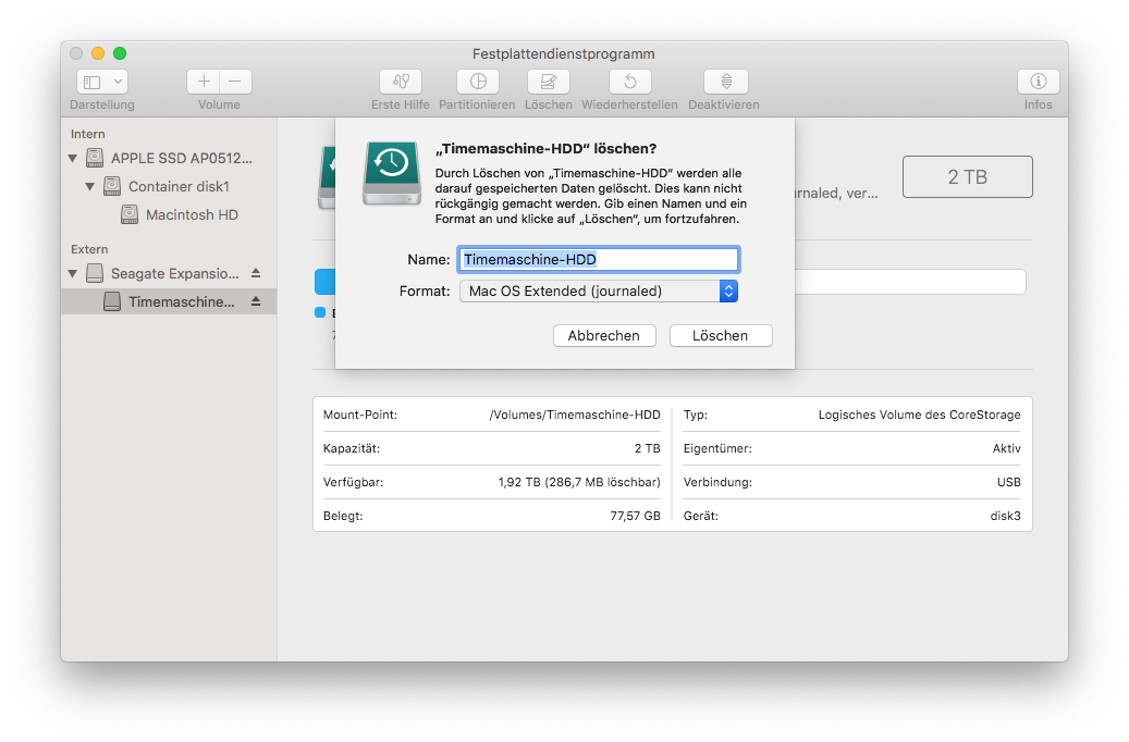 Im Festplatten-Dienstprogramm unter „Format“ folgendes auswählen: „Mac OS Extended (journaled, verschlüsselt)“