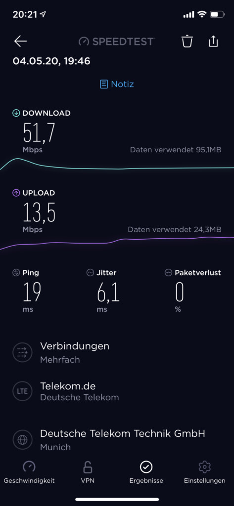 Speedtest Congstar Fairflat avec l'option LTE 50