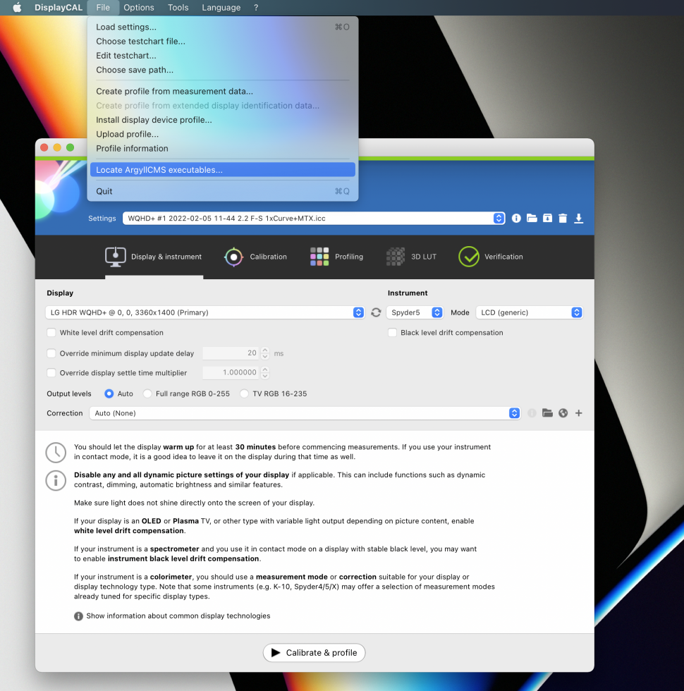 DisplayCAL mit Apple M1 und externem Monitor Bildschirmfoto 2022 02 06 um 11.51.33